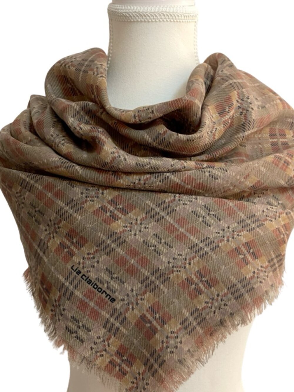 Liz Claiborne Vintage Plaid Square Scarf 34" x 34" Wool Feel